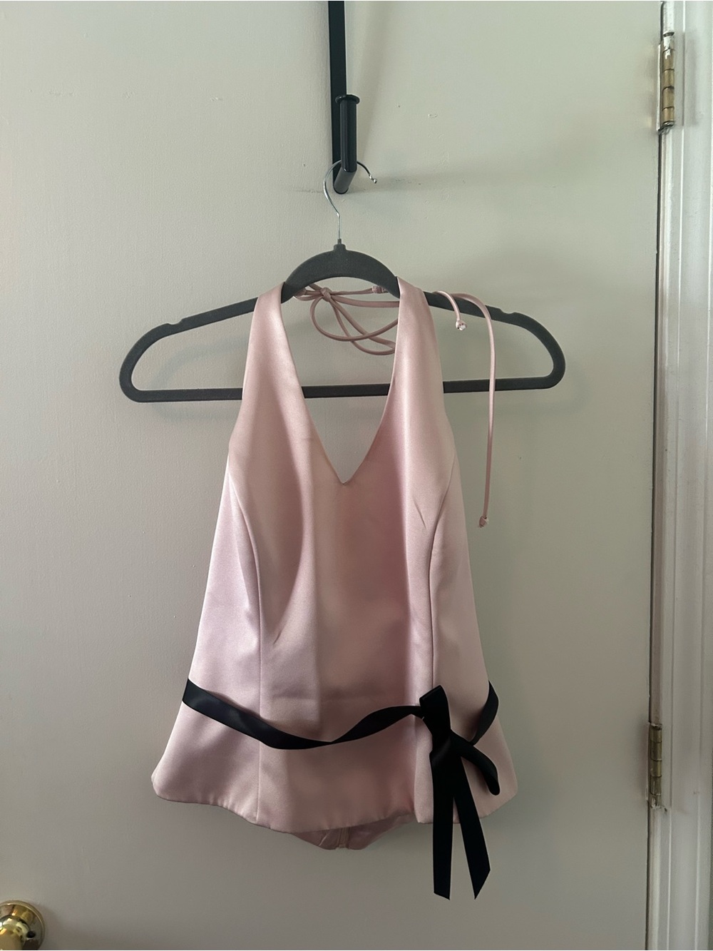 Xscape Pink Satin Halter Romper with Black Waist Ribbon